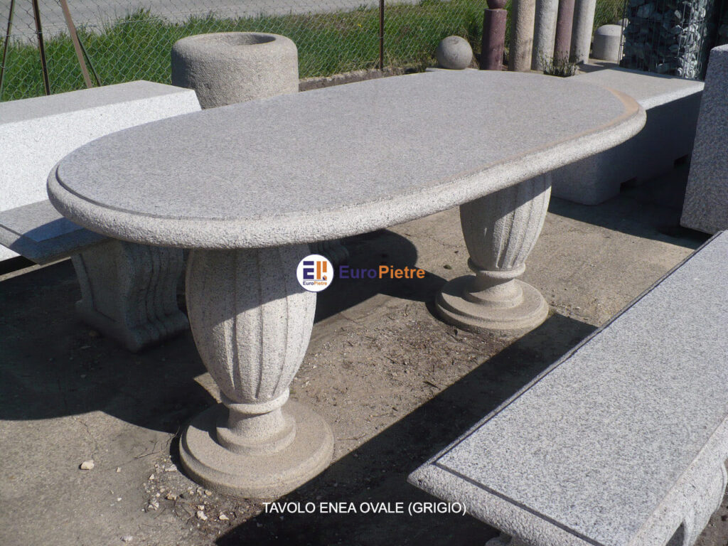 Tavolo ovale in pietra naturale grigia per arredo urbano esterno